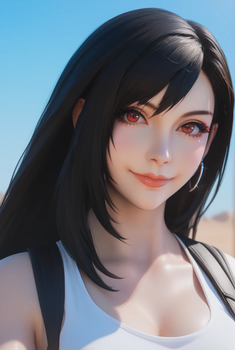 -score_9, score_8_up, score_7_up, BREAK,
portrait, looking at viewer,
-sayafox, 1girl, lips, smile, long black hair, red eyes, white tanktop, tifa lockhart cosplay,
-outdoors, blue skies, desert, shanty town,
-photoshoot, simple background, glistening skin, skin detail, subsurface scattering, rich color, vibrant,