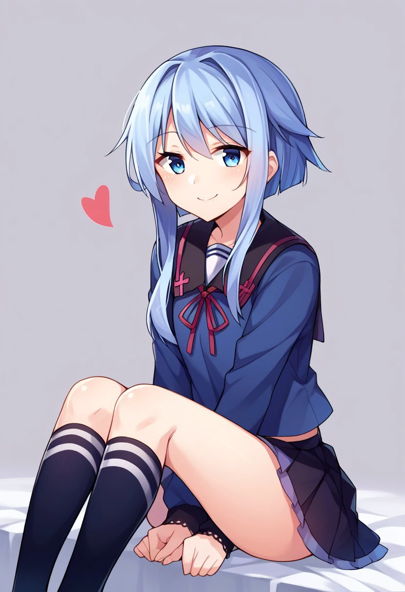 score_9, score_8, score_7, source_anime, yayoi (kancolle), kneehighs, smile, full body, sitting, black socks, heart, blue serafuku, shirt