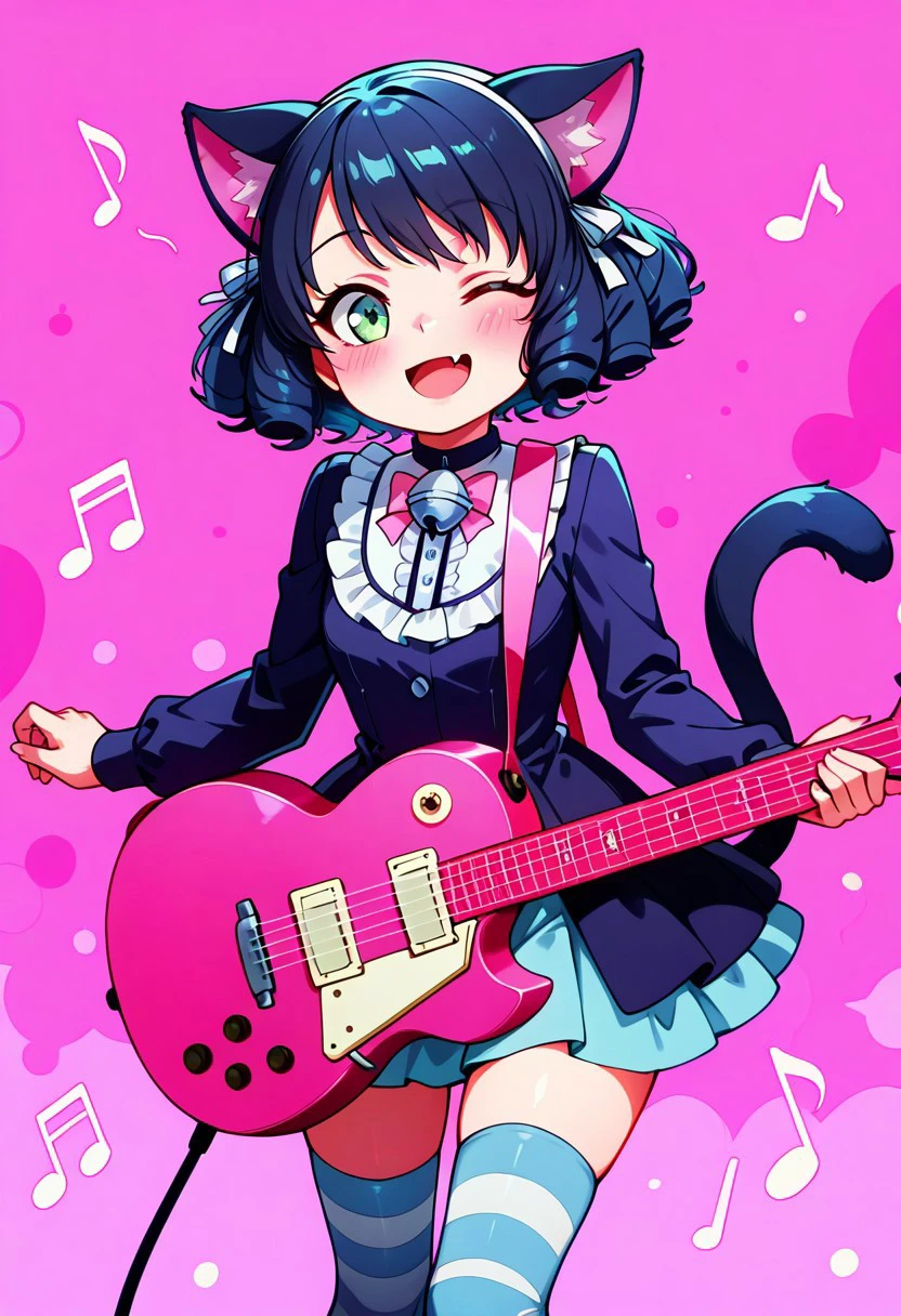 masterpiece, best quality, 
1girl, solo, looking at viewer, blush, smile, short hair, open mouth, black hair, thighhighs, animal ears, green eyes, blue hair, tail, one eye closed, fang, striped, cat ears, cat tail, bell, ;d, cat girl, instrument, striped thighhighs, curly hair, guitar,
pink and blue background, music notes, abstract background, luminescent background,