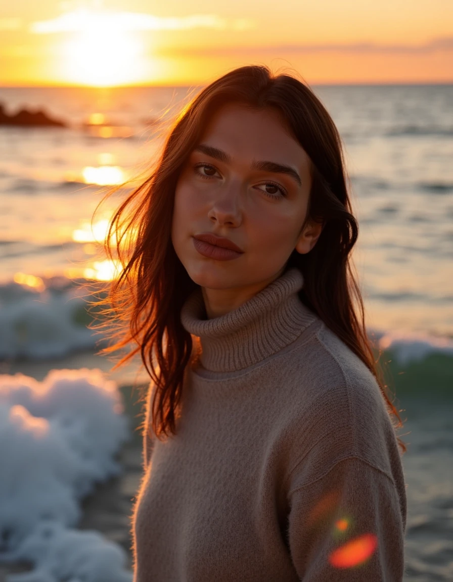 <lora:dua_lipa_dev_f1:1> wearing a turtle neck sweater,  Close-up photo of a woman riding a wave on a coastal beach during a serene sunset, with a stunning oceanview behind her, long hair blown back by the wind, looking directly at the camera with a peaceful expression, detailed texture and shading to capture the movement of the water, warm golden light.