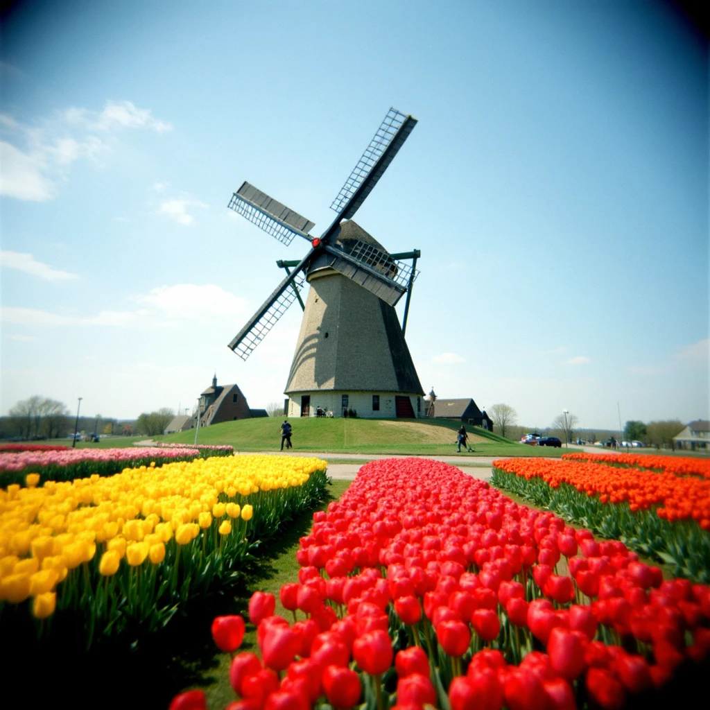 Shot with a Holga camera, a windmill surrounded by tulip fields