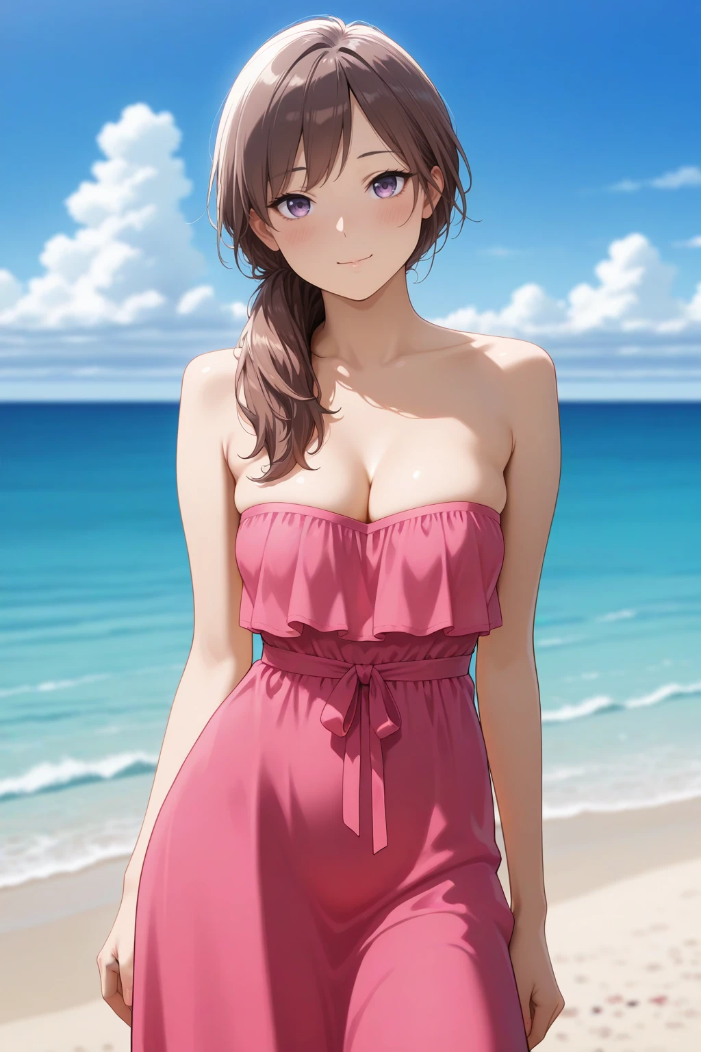 masterpiece, best quality, amazing quality, very aesthetic, absurdres, photorealistic, 1girl, solo,
<lora:kanoko_izo_IL:0.8>, kanoko, brown hair, long hair, purple eyes, hair over shoulder,
medium breasts, cleavage, pink dress, bare shoulders, strapless, long dress,
seductive gaze, bedroom eyes, closed mouth, loving smile,
blush, looking at viewer, standing, contrapposto, cowboy shot, straight-on,
blurry background, beach, horizon, blue sky, clouds, day,