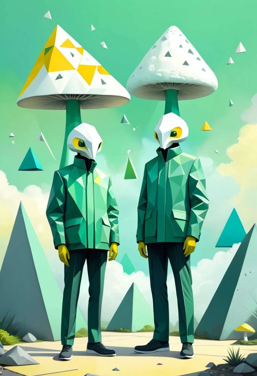 Two elegant aliens with white mushroom-shaped heads, abstract nature print, A minimalist fashion illustration, Atey Ghailan, Simon Stålenhag, Alexander Calder, standing in front of a wall covered with triangles, absurd resolution, bevel accents,, white highlights, Clouds, portrays a serene, shades of green,, pastel blues fading into bright yellows color palette, colorful, metalwork  <lora:artfully_SELECTED:0.505>