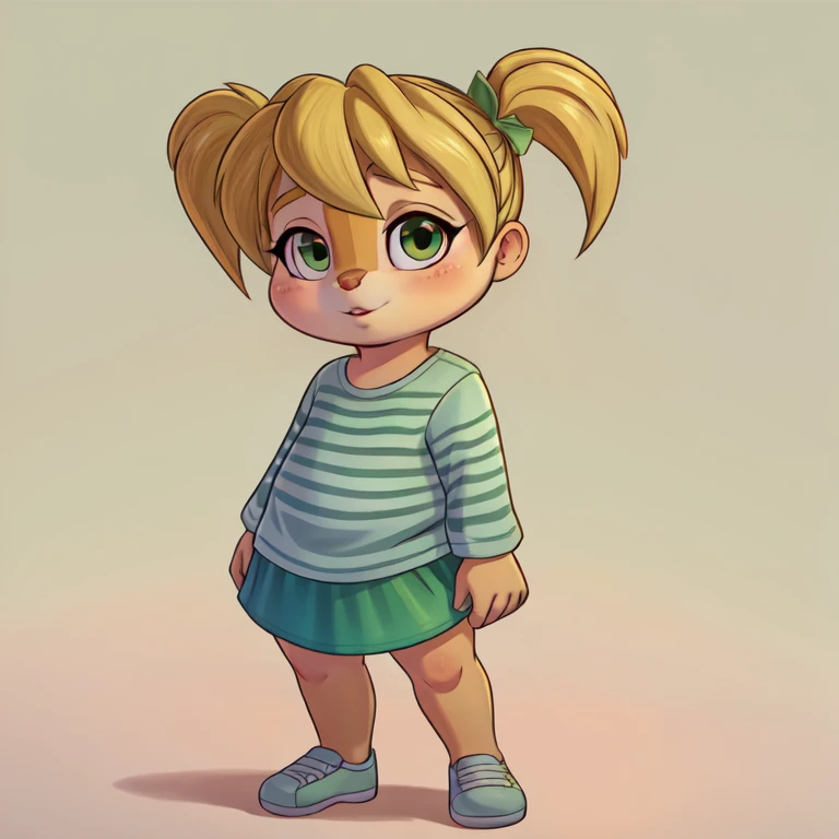 eleanor15, female chipmunk, child, blonde pigtails, (slightly chubby)0.6, green clothes, full body, looking at viewer, serene, simple background