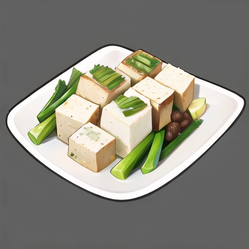 ((( gray background, simple background))),masterpiece,best quality,great quality,good quality,gmic_\(shiguan\),One plate contains tofu and leeks,<lora:gmic icon_Outline style-000012:0.65>,