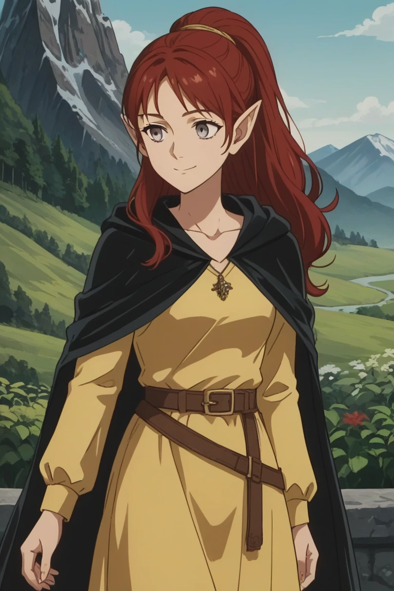 score_9,score_8,score_7, source_anime, anime_screencap, 1girl, solo, sheerwiz, red hair, long hair, ponytail, pointy ears, grey eyes, yellow dress, long sleeves, collarbone, jewelry, necklace, black cape, brown belt, standing, outdoors, mountain, cowboy shot, smile,