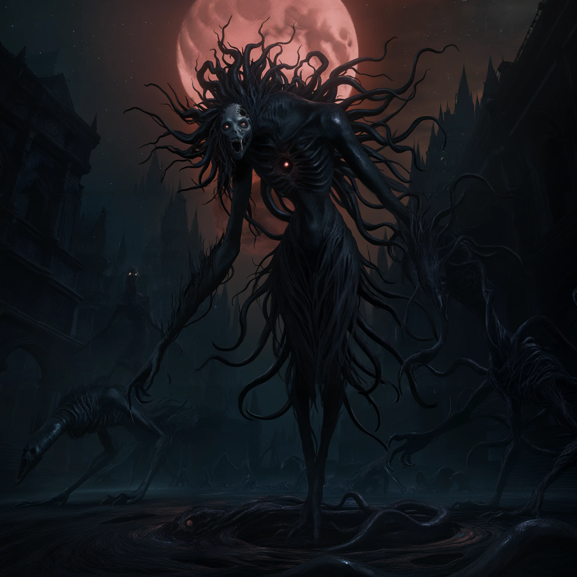 masterpiece, best quality, outdoors, night, dark, dark theme, night sky, star \(sky\), starry sky, city lights, red moon, orange sky, monster, no humans, <lora:Bloodborne_style:1> moon presence \(bloodborne\), alien, eldritch abomination, claws, floating, multiple tails, narrow waist, tentacle hair, tentacles, hole in face