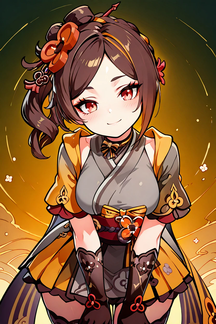 masterpiece, best quality, 32k, high resolution, absurdres, medium breasts, (curvy), cute, eyelashes, vivid colors, BREAK  ,,, zzChiori, chiori (genshin impact), brown hair, hair ornament, red eyes, flower, hair flower, gloves, japanese clothes, sash, obi, <lora:ChioriGenshinIXL:1.0>,,, ,,, smile, looking at viewer, leaning forward, head tilt, blush,,, <lora:CatalystIXL:0.7>, <lora:ZankuroIXLLight_v2:0.6>, <lora:princess_xl_v2:0.3>,