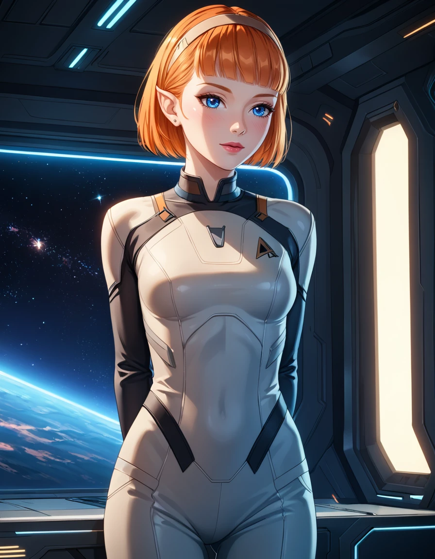 score_9, score_8_up, score_7_up, details,volumetric lighting, dynamic angle, rating_safe, source_anime, <lora:vulcanears:1>, vulcanears, 1girl, morning futuristic, star trek,  dark blue eyes, orange hair, bow-shaped hair, short hair , arms behind back, yearning, steadicam shot, cut-in, short lighting, futuristic clothes, starship