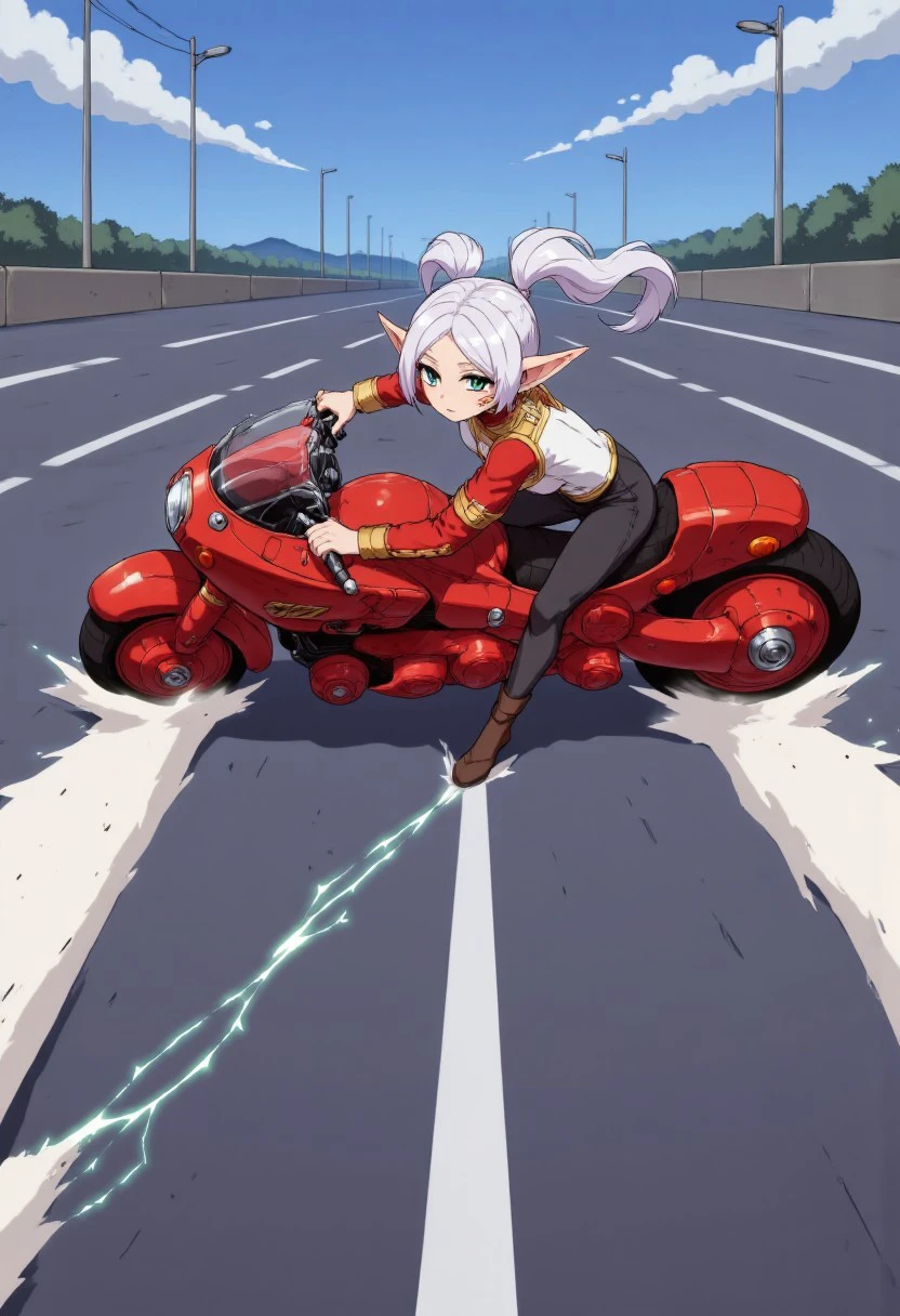 anime image of a woman sliding her large red motorcycle across the road, AkSlide,nereirfpnxl, frieren, elf, pointy ears, green eyes, white hair, twintails