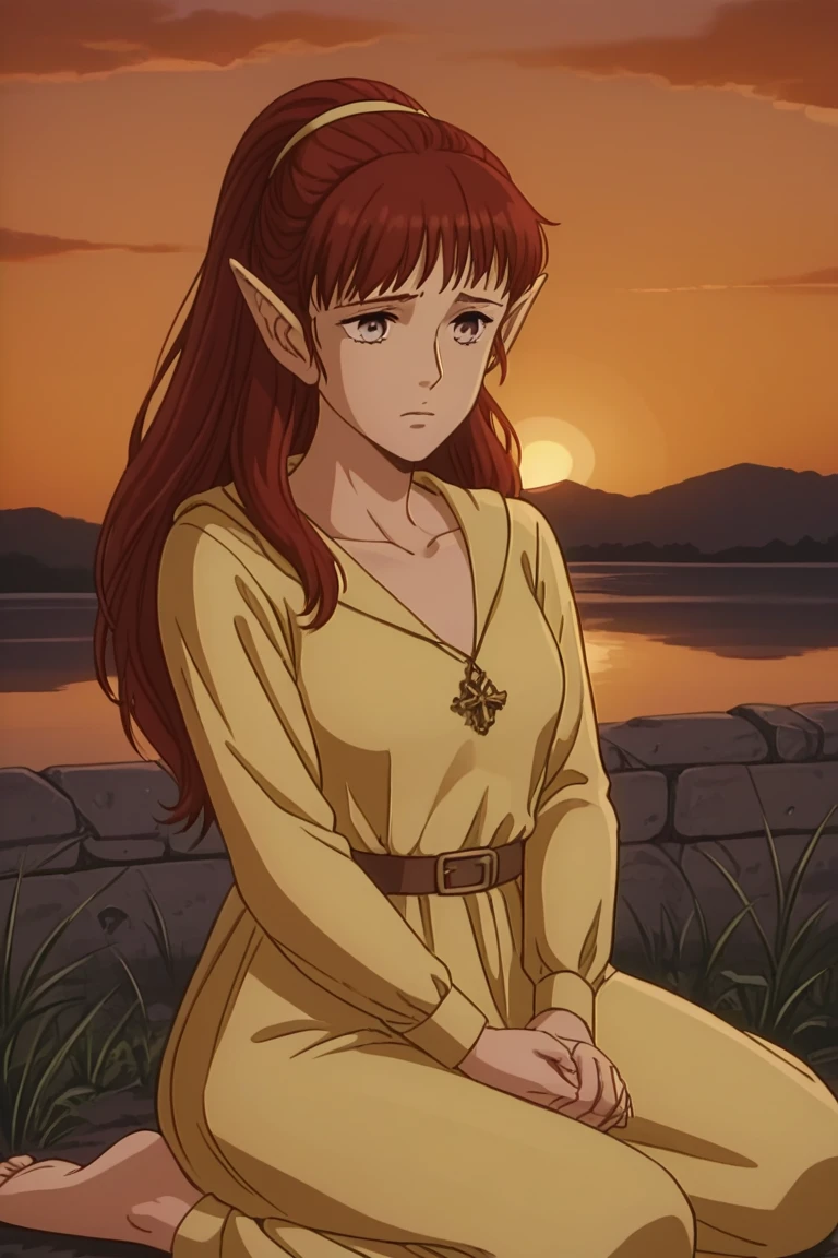 1girl, solo, sheerwiz, red hair, long hair, ponytail, pointy ears, grey eyes, yellow dress, long sleeves, collarbone, jewelry, necklace, brown belt, kneeling, own hands clasped, outdoors, sunset, sad