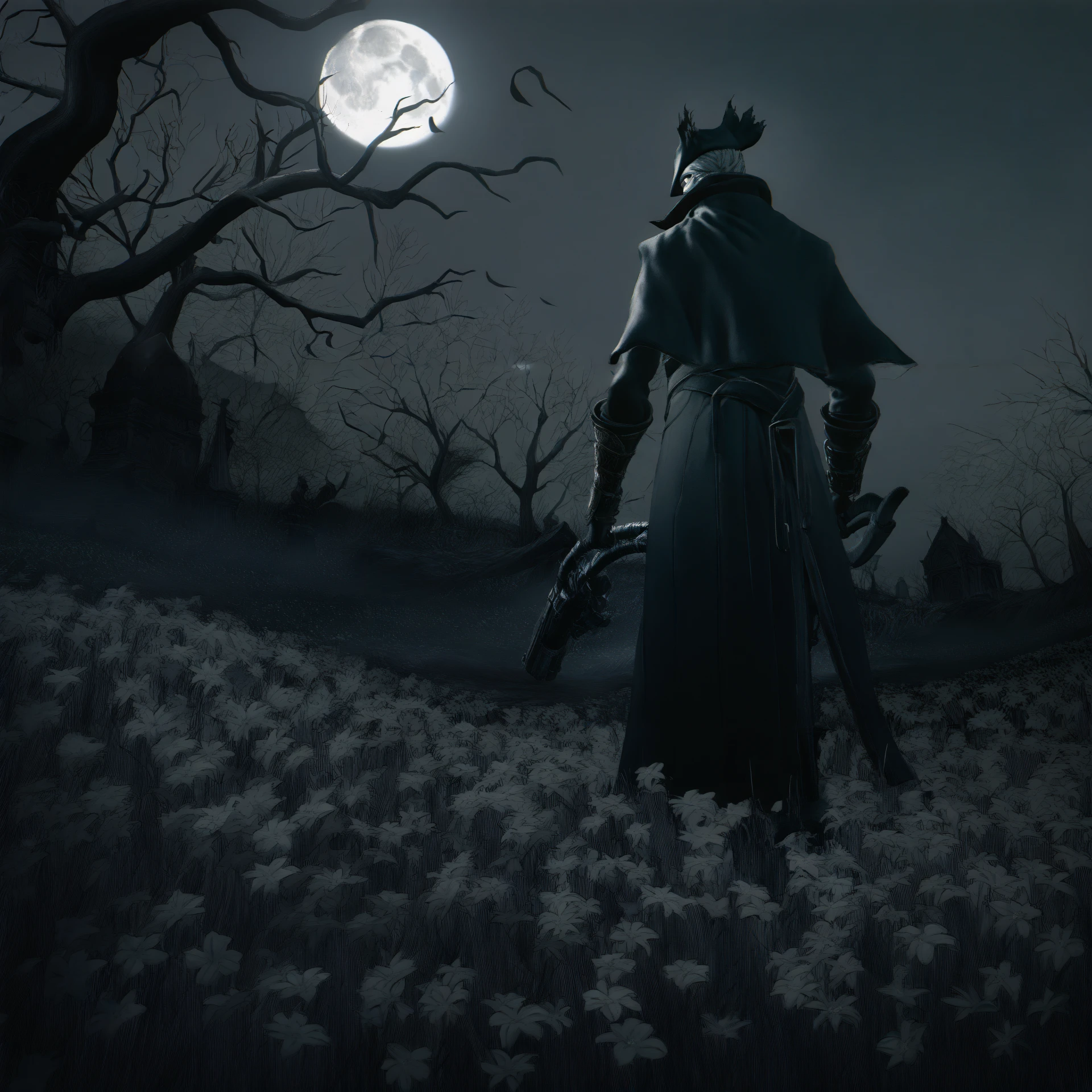 masterpiece, best quality, outdoors, night, dark, dark theme, 1boy, bloodstyleborne, bloodborne, <lora:Bloodborne_style:1> gehrman the first hunter, bare tree, black coat, cape, flower field, full moon, greyscale, gun, hat, holding gun, holding scythe, huge weapon, male focus, monochrome, standing, tombstone