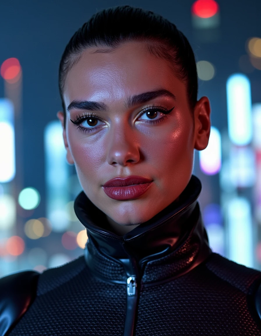 <lora:dua_lipa_dev_f1:1> wearing a turtle neck sweater,  Close-up photo of a woman with cyberpunk-inspired skin tones and intricate circuitry patterns, wearing sleek and futuristic mech armor that highlights her glamorized features, standing in front of a high-tech cityscape at night.