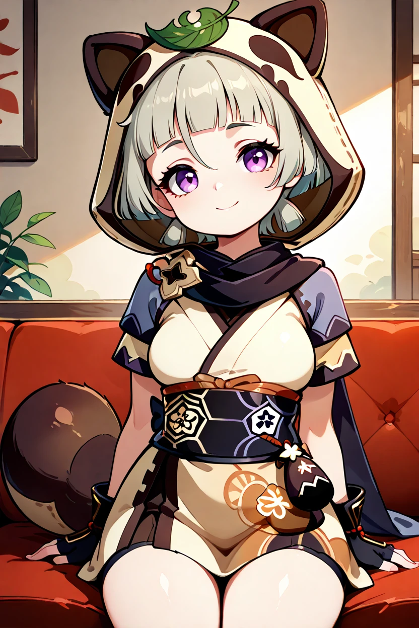 masterpiece, best quality, 32k, high resolution, absurdres, medium breasts, (curvy), cute, eyelashes, vivid colors, BREAK  ,,, zzSayu, sayu (genshin impact), solo, purple eyes, short hair, animal ears, blunt bangs, raccoon ears, leaf on head, fake animal ears, grey hair, tail, raccoon tail, sidelocks, animal hood, black gloves, short sleeves, fingerless gloves, black scarf, ninja, obi, japanese clothes, <lora:SayuGenshinIXL:1.0>,,,BREAK,,,   smile, curvy, head tilt, sitting on couch, looking at viewer, cowboy shot, <lora:GoldenCATLoraIXL:0.6>, <lora:princess_xl_v2:0.3>,