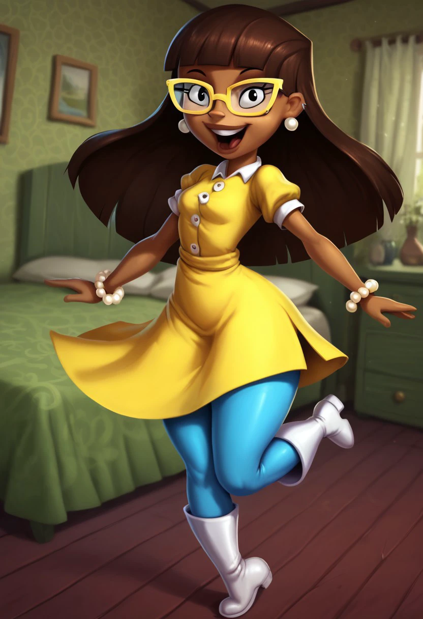 score_9, score_8_up, score_7_up, BREAK 14-biss 1girl, brown skin, long dark brown hair, blunt bangs, black eyes, yellow glasses, cyan pearl earrings, right arm metal bracelet, short-sleeved buttoned yellow dress, blue tights, long white boots, full body, solo, solo focus, alone, happy at viewer, cartoon, source_cartoon, home indoors, home background,