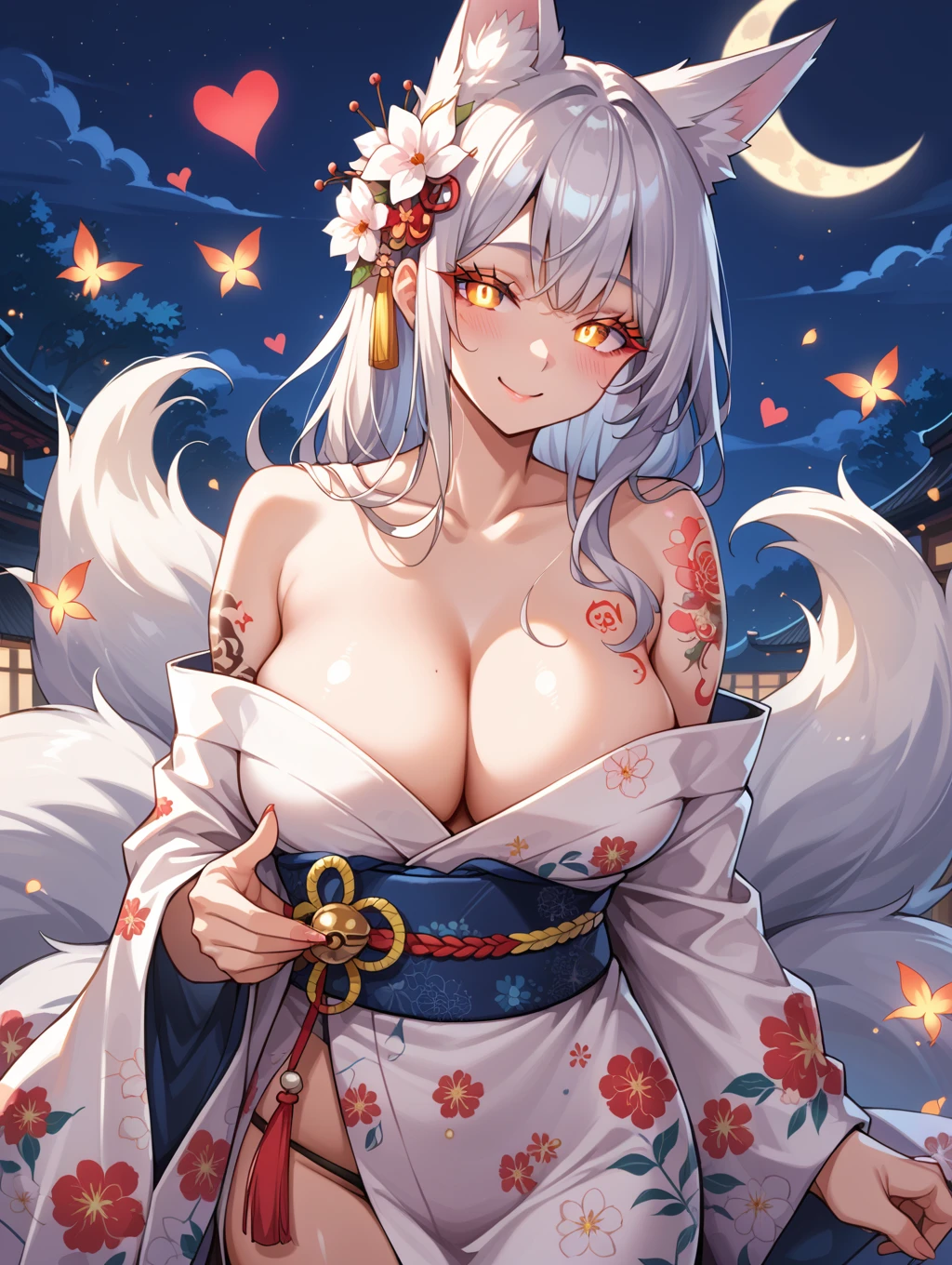 score_9, score_8_up, score_7_up, source_anime,
1girl, woman, kitsune girl, golden bands, blushing, heart, cowboy shot, beautiful face, thick eyelashes, glowing white eyes, fox ears, long flowy silver hair, cute smile, dark eyeshadow, glowing shoulders tattoos, glowing tattoos, floral decoration in hair, night time, shinning moon, blush, white floral kimono, large breasts, cleavage,japanese theme,