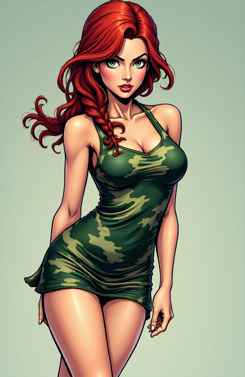 <lora:Kara_Original_Character_FLUX:1> Kara, red French braid, green eyes, posing, wearing a camouflage sun dress, plain grey background, Rembrandt lighting,, comic book art style, comics, dynamic lines, vibrant colors, expressive characters, action-packed composition, adds energy and excitement