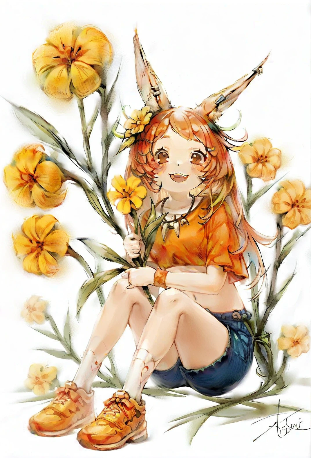 1girl, mori, 
animal ears, rabbit ears, rabbit girl, crop top, sitting, white background, shirt, earclip, yellow flower, midriff, cropped shirt, upper teeth only, solo, brown eyes, socks, short sleeves, shorts, full body, animal ear fluff, long hair, open mouth, sneakers, holding, teeth, orange hair, signature, looking at viewer, flower, wristband, blush stickers, orange shirt, shoes, necklace, hair ornament, holding flower, simple background, white socks, hair flower, smile, :3, orange footwear, blush, blue shorts, navel, knees up, jewelry, artist name
 <lora:mori:1>