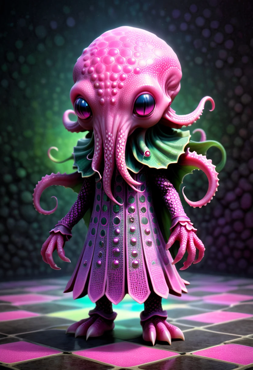 dots and dashes, A full-body shot of a cute Cthulhu creature, Male portrait, arthw24cute, Isadora Duncan, Michael Whelan, matte texture, holographic accents, grid-based, with a gradient of colors including pink, dress, burlap, Depth of Field, grid-based, mosaic inlay accents, sharp  <lora:artfully_SELECTED:0.505>