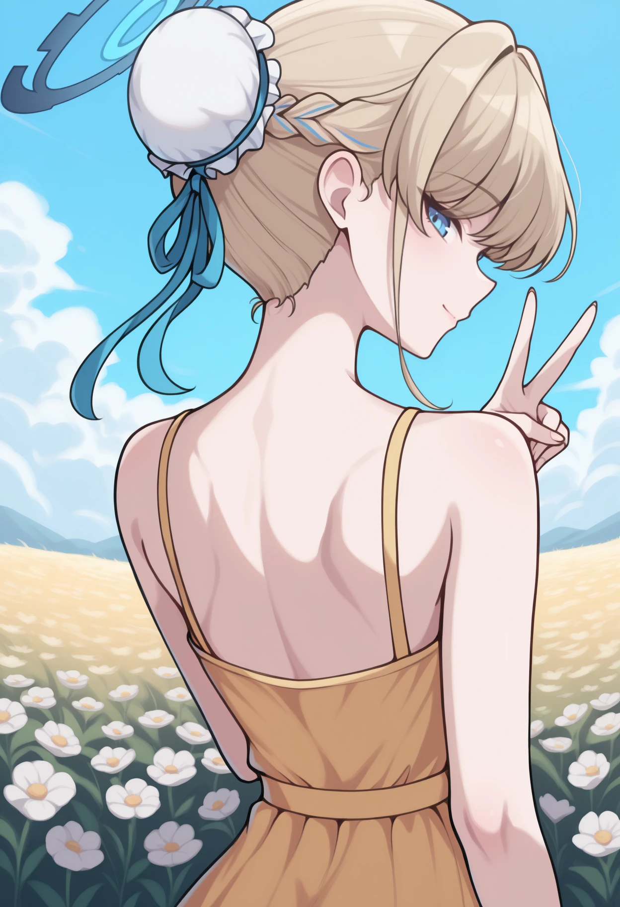 masterpiece, best quality, <break> from behind, solo, 1girl, t0kidef, slight smile, closed mouth, looking back, v, short hair, blonde hair, french braid, single hair bun, bun cover, hair ribbon, blue ribbon, blue halo, blue eyes, yellow sundress, bare shoulders, outdoors, blue sky, flower field
<segment:yolo-Anzhc Face seg 640 v2 y8n.pt,0.4,0.5//cid=1>