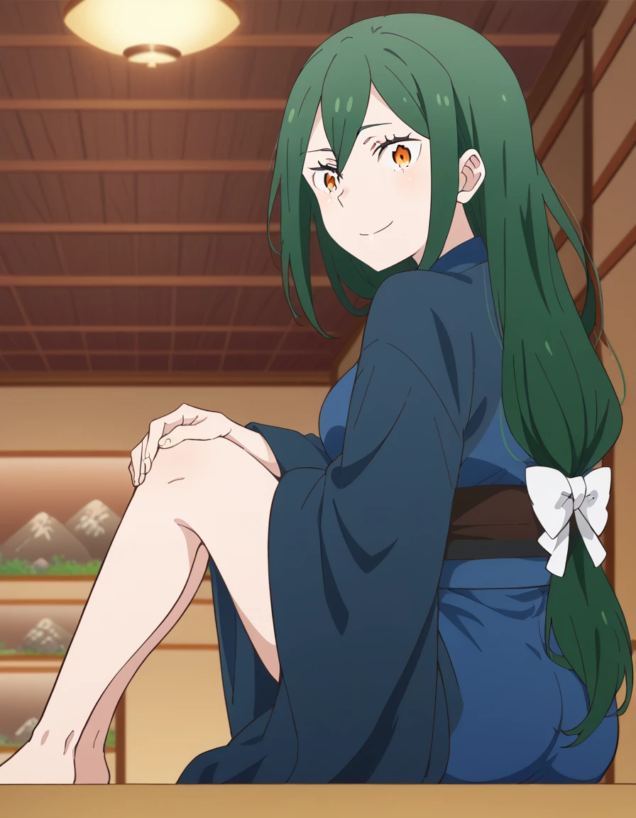 score_9, score_8_up, score_7_up, source_anime, <lora:crusch-karsten-s3-p1-ponyxl-lora-nochekaiser:1>, crusch karsten, long hair, hair between eyes, green hair, orange eyes, medium breasts,, hair bow, japanese clothes, kimono, sash, low-tied long hair, blue...