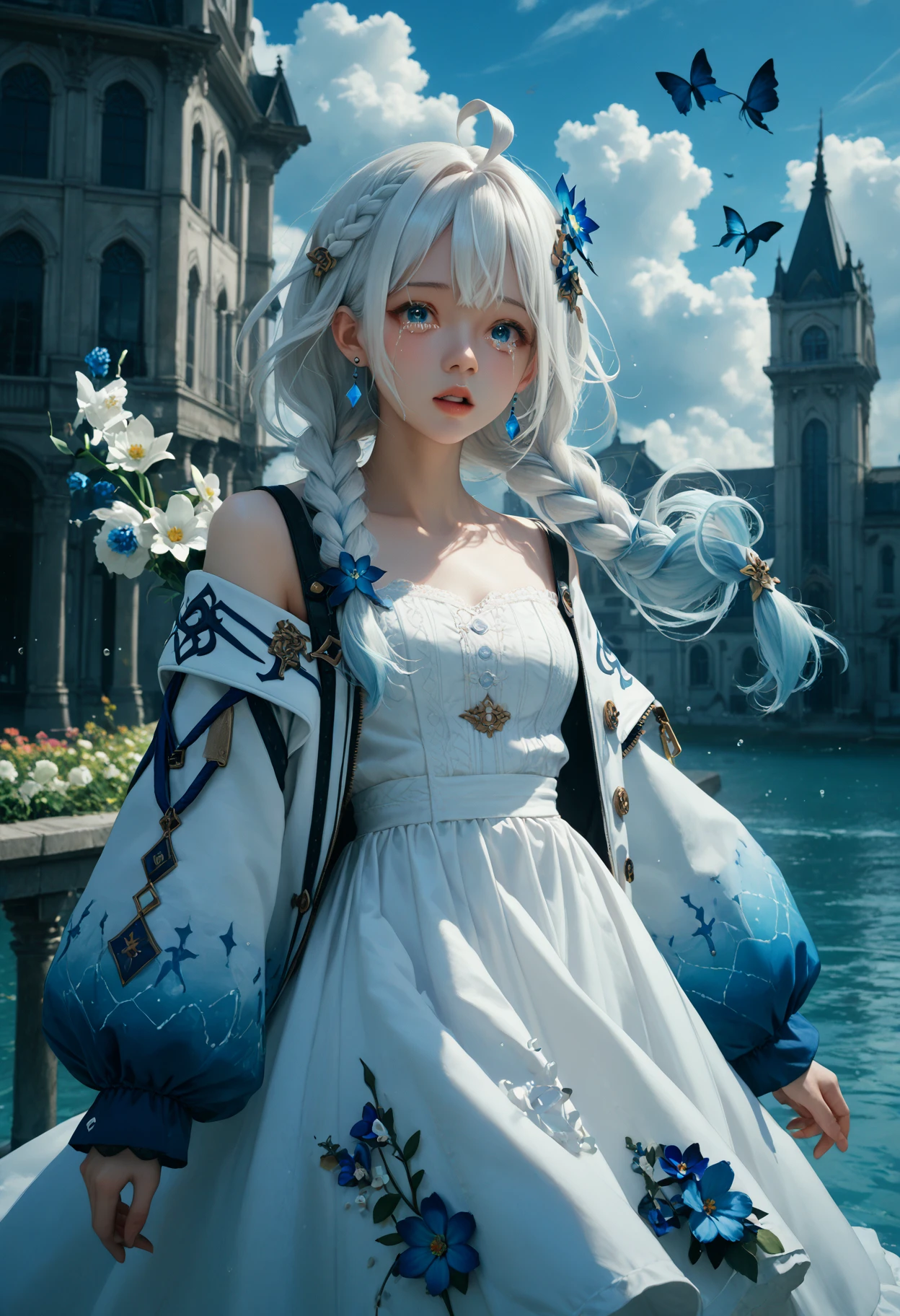 score_9,score_8_up,score_7_up,beast_quality,masterpiece,
1girl, solo, flower, long hair, braid, cloud, sky, virtual youtuber, outdoors, blue eyes, dress, floating hair, ahoge, off shoulder, white flower, white dress, blue hair, sleeves past wrists, jacket, hair ornament, looking at viewer, white hair, long sleeves, cloudy sky, parted lips, white jacket, twin braids, building, earrings, jewelry, tears, water, open clothes, blue flower very aesthetic,