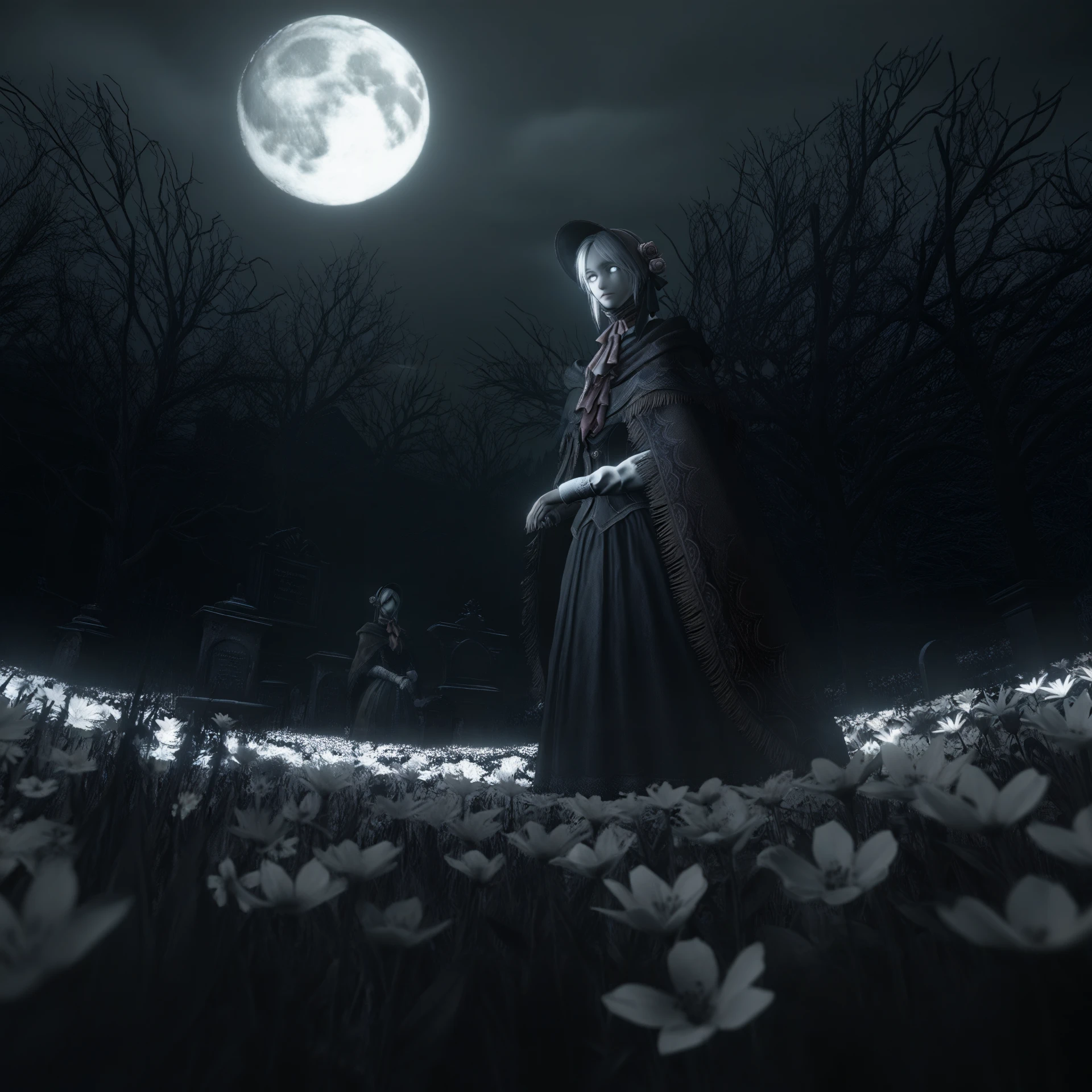 masterpiece, best quality, outdoors, night, dark, dark theme, 1girl, solo, solo focus, closed mouth, bloodstyleborne, bloodborne, <lora:Bloodborne_style:1> bare tree, flower field, full moon, greyscale, monochrome, standing, tombstone, plain doll, ascot, brown bonnet, brown cloak, doll, doll joints, dress, hat flower, joints, white eyes, white hair, long hair, expressionless,