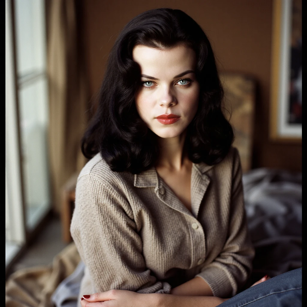 Ultra realistic, ultra detailed, cinematic, dramatic lighting, a young woman wearing a casual outfit, she has long silky black hair in a 1940s style, natural lighting, soft focus, relaxed pose, background, warm tones, candid shot. Camera Settings: Captured with a Canon EOS 5D Mark IV, 35mm lens, f/1.8, with a slight bokeh effect in the background,dbmazar,dmazar