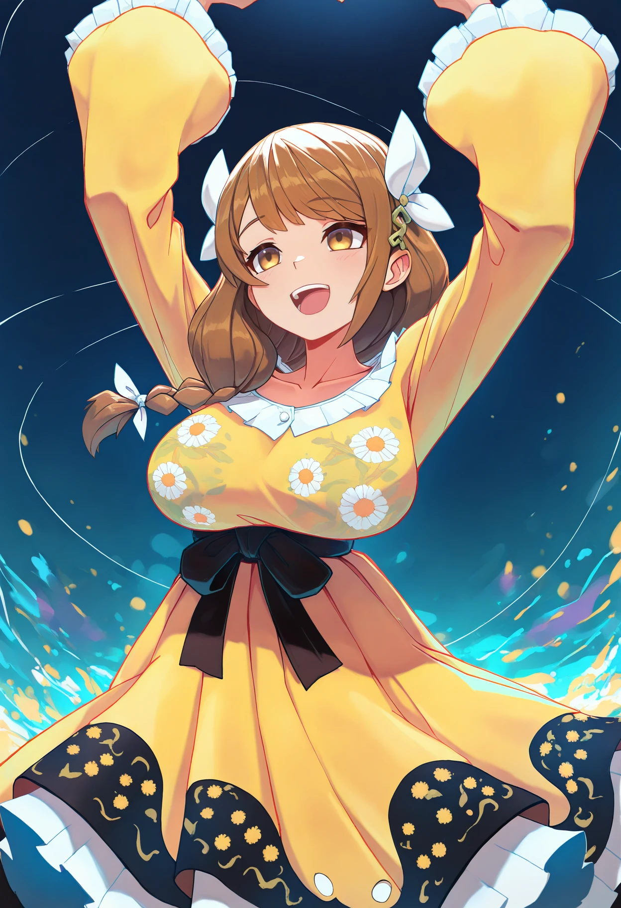 masterpiece, best quality, 1girl, <lora:GoldmaryFE-illu:1> casGm, long hair, hair ornament, braid, brown hair, brown eyes, hair ribbon, white ribbon, yellow dress, floral print, black trim, frills, collarbone, large breasts, long sleeves, waist ribbon, arms up, happy, abstract background, sky