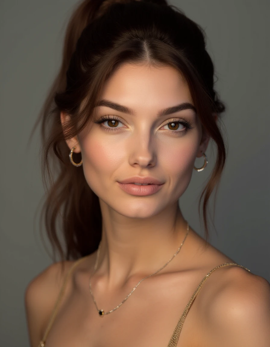 a portrait photo of a 20 year old woman with brown eyes, brown tight ponytail hair, a wry smile on her face, elegant dress and jewelry
(zeta),  <lora:Zeta-000003:2>