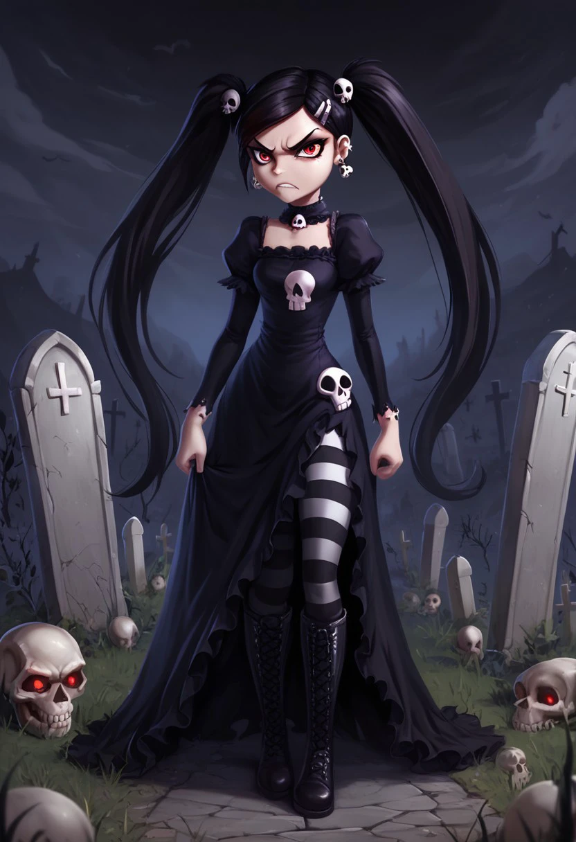 score_9, score_8_up, score_7_up, BREAK 14-biss 1girl, long black hair, pigtails, skull hairclips, red eyes, cross earrings, gothic dress, goth dress, stripped leggings, high black boots, full body, solo, solo focus, alone, angry at viewer, cartoon, source_cartoon, graveyard outdoors, cemetery background,