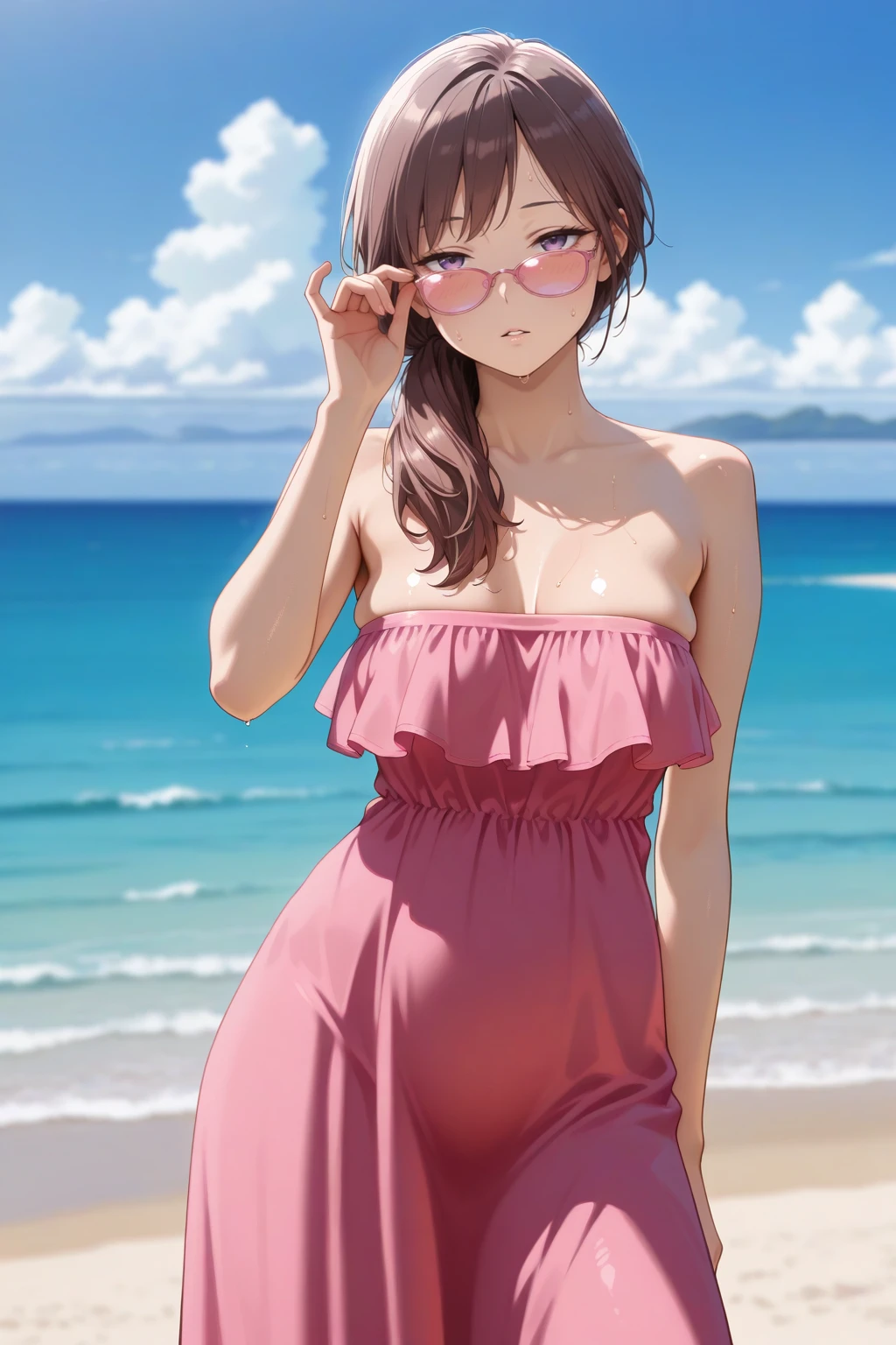 masterpiece, best quality, amazing quality, very aesthetic, absurdres, photorealistic, 1girl, solo,
<lora:kanoko_izo_IL:0.8>, kanoko, brown hair, long hair, purple eyes, hair over shoulder,
medium breasts, (sagging breasts:0.8), frilled pink dress, bare shoulders, strapless, long dress, pink polarized lenses, eyewear,
half closed eyes, seductive gaze, bedroom eyes, parted lips,
blush, looking over eyewear, looking at viewer, standing, contrapposto, cowboy shot, straight-on, adjusting eyewear, sweatdrop, sweat, shiny skin,
blurry background, beach, horizon, blue sky, clouds, day,