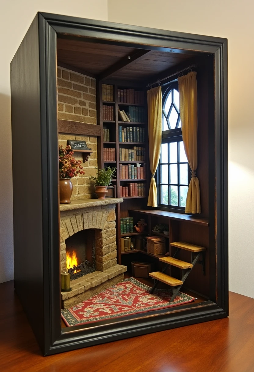 m1n1art A tiny bookcase designed like a cozy room, complete with windows, curtains, and a staircase on a wooden table.


