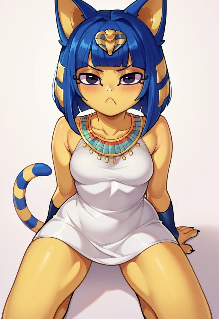 score_9,score_8_up,score_7_up zPDXL2,zPDXLxxx,zPDXL3,<lora:ankha:1>,AnkhaSDXL,1girl,solo,looking at viewer,short hair,hair ornament,dress,animal ears,bare shoulders,blue hair,cat ears,blunt bangs,white dress,black eyes,cat tail,sleeveless dress,colored skin,frown,short dress,bob cut,cat girl,:<,furry,furry female,snake hair ornament,body fur,striped tail,egyptian,yellow fur,egyptian clothes,yellow skin,cowboy shot,kneeling, v