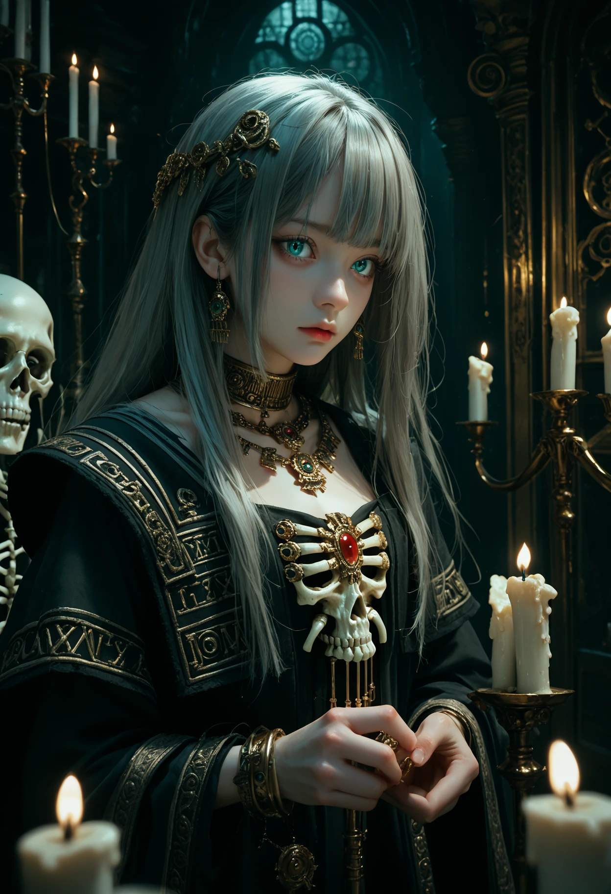 score_9,score_8_up,score_7_up,beast_quality,masterpiece,
a dim scene,the walls of skeletons piled up,girl wearing black gauze,gold jewelry,turquoise eyes,gray long hair,air bangs,candlelight,