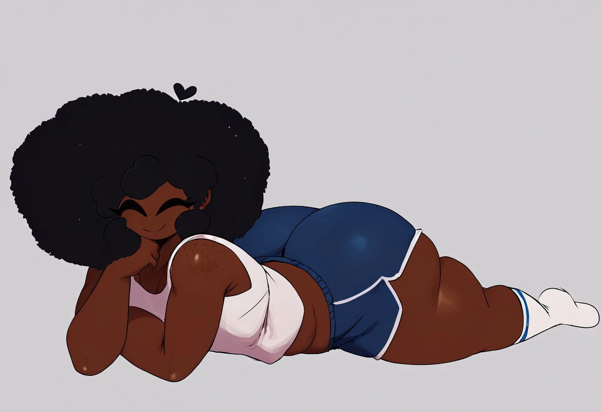 score_9, score_8_up, score_7_up, S2Z0n1c21.5XL style, Jayden, brown skin, black afro, freckles, tank top, shorts, socks, solo, cute, adorable, lay down, lay on ground