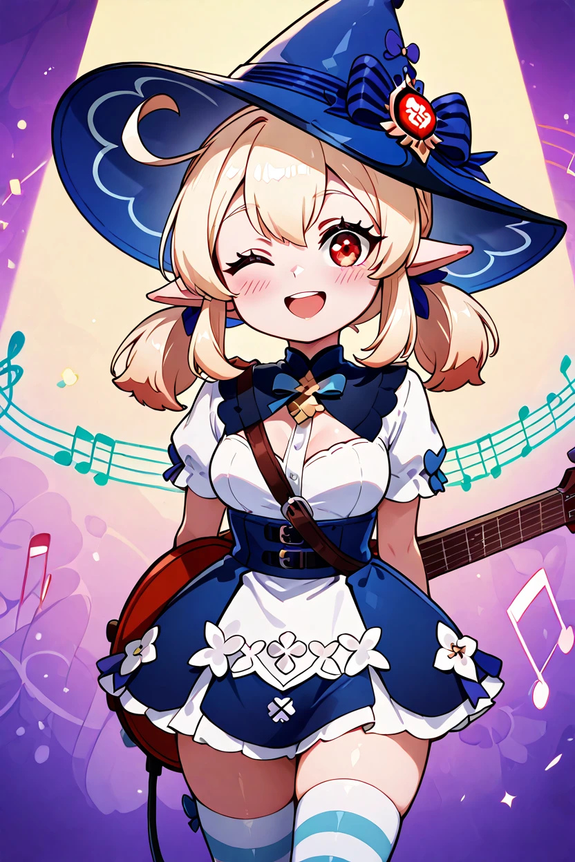 masterpiece, best quality, 32k, high resolution, absurdres, medium breasts, (curvy), cute, eyelashes, vivid colors, BREAK  ,,, zzKlee, klee (blossoming starlight) (genshin impact), hair between eyes, red eyes, ahoge, blonde hair, long hair, low twintails, pointy ears, twintails, witch hat, alternate costume, sidelocks, hat bow, <lora:KleeBlossomingStarlightGenshinIXL:1.0>,,,,,,<lora:ShowByRock_Illustrious:1>, <lora:GoldenCATLoraIXL:0.6>,,, solo, looking at viewer, blush, smile, open mouth, thighhighs, one eye closed, striped, bell, ;d, instrument, striped thighhighs, guitar, music notes, abstract background, luminescent background,