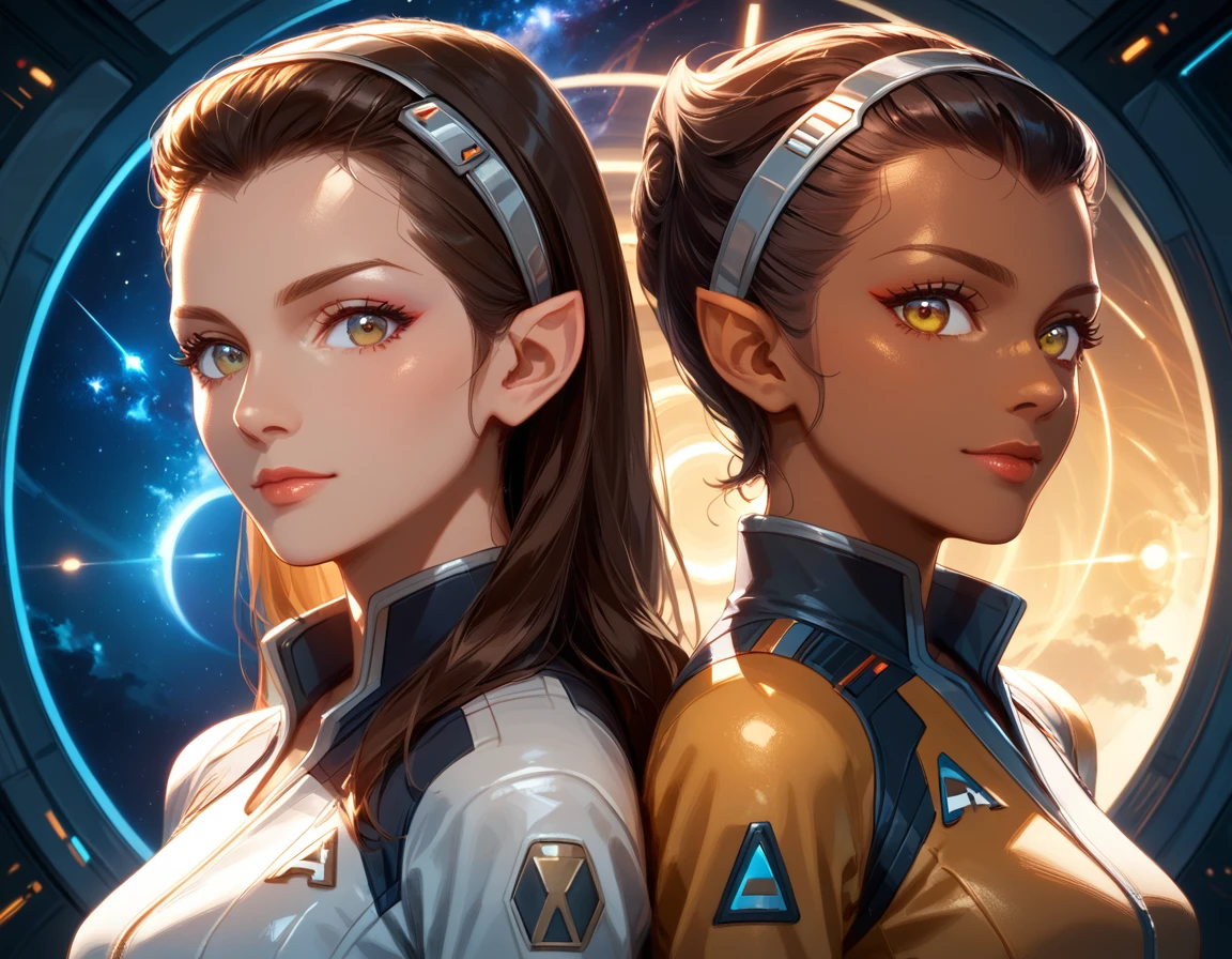 score_9, score_8_up, score_7_up, details,volumetric lighting, dynamic angle, rating_safe,
 <lora:vulcanears:1>, vulcanears, anime style,  futuristic, star trek, brown skin, multiple hair colors,  multiple eye colors, eye level, face, three-point lighting, 2girls, space setting, looking at viewer, side view, full body, short dress,<lora:add-detail-xl:1.5>,