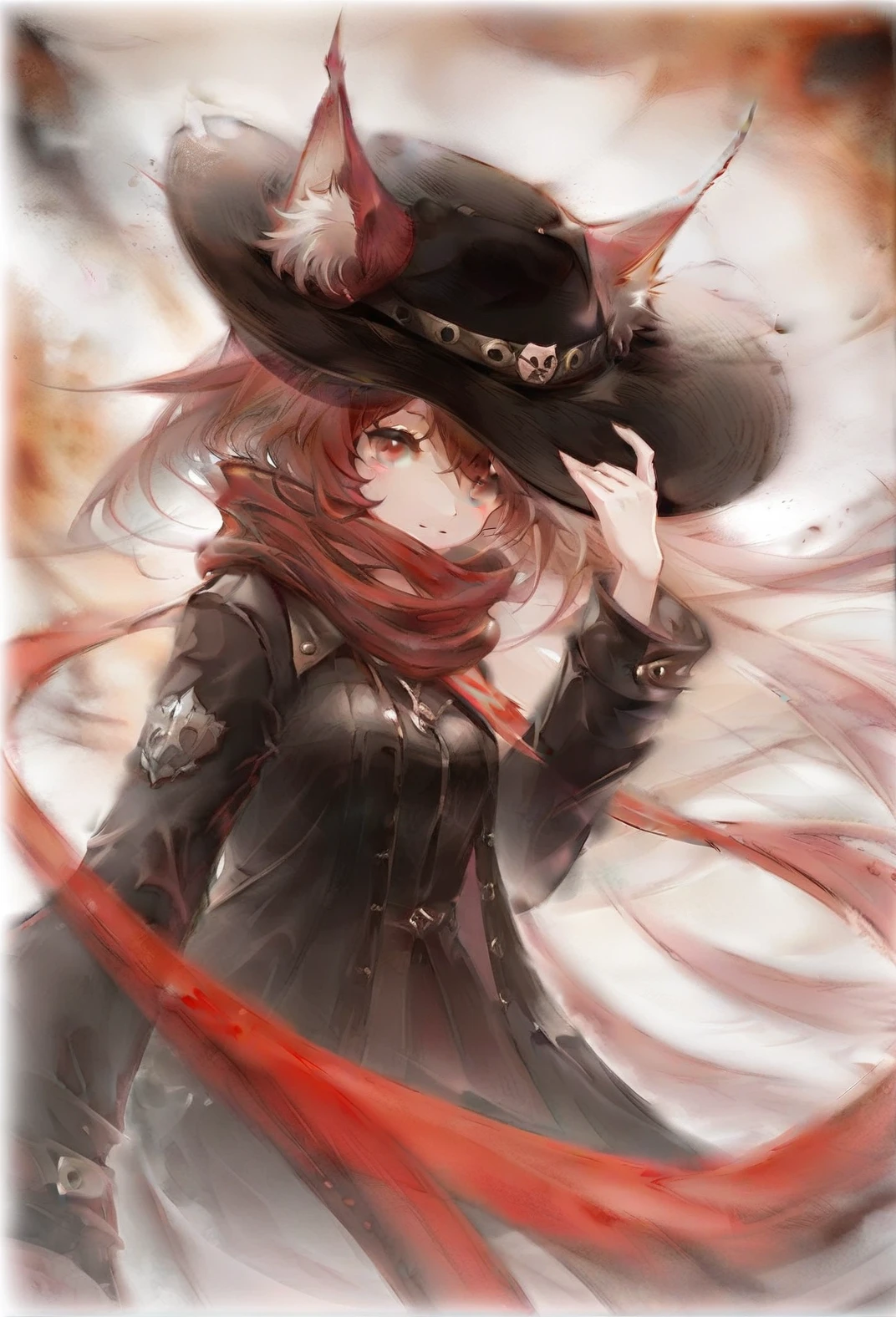 mori,1girl,red eyes,black hat,red scarf,red cat ears,ears through the hat,animal villi,black jacket,red hair,looking_at_viewer,<lora:mori-000215>,<lora:JXXLilV1:0.4>,