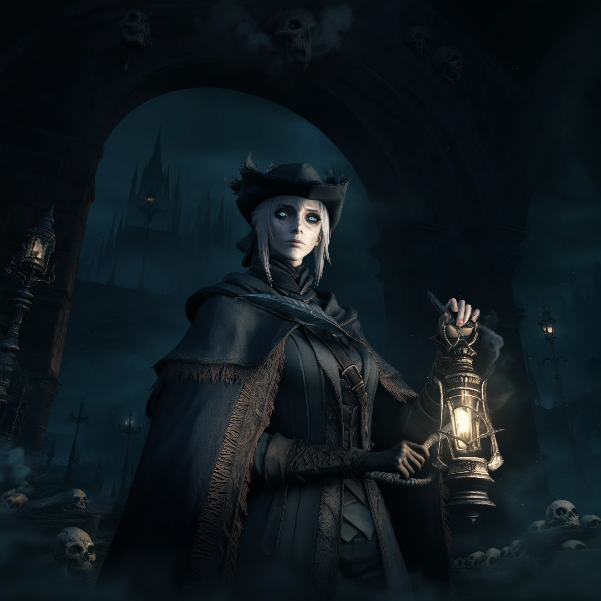 masterpiece, best quality, outdoors, night, dark, closed mouth, 1girl, solo, bloodborne, bloodstyleborne, quill, lamppost, light particles, planted, rocket, hat, skull, holding, arch, solo, hunter \(bloodborne\), smoke, white hair, looking at viewer, upper body <lora:Bloodborne_style:1>