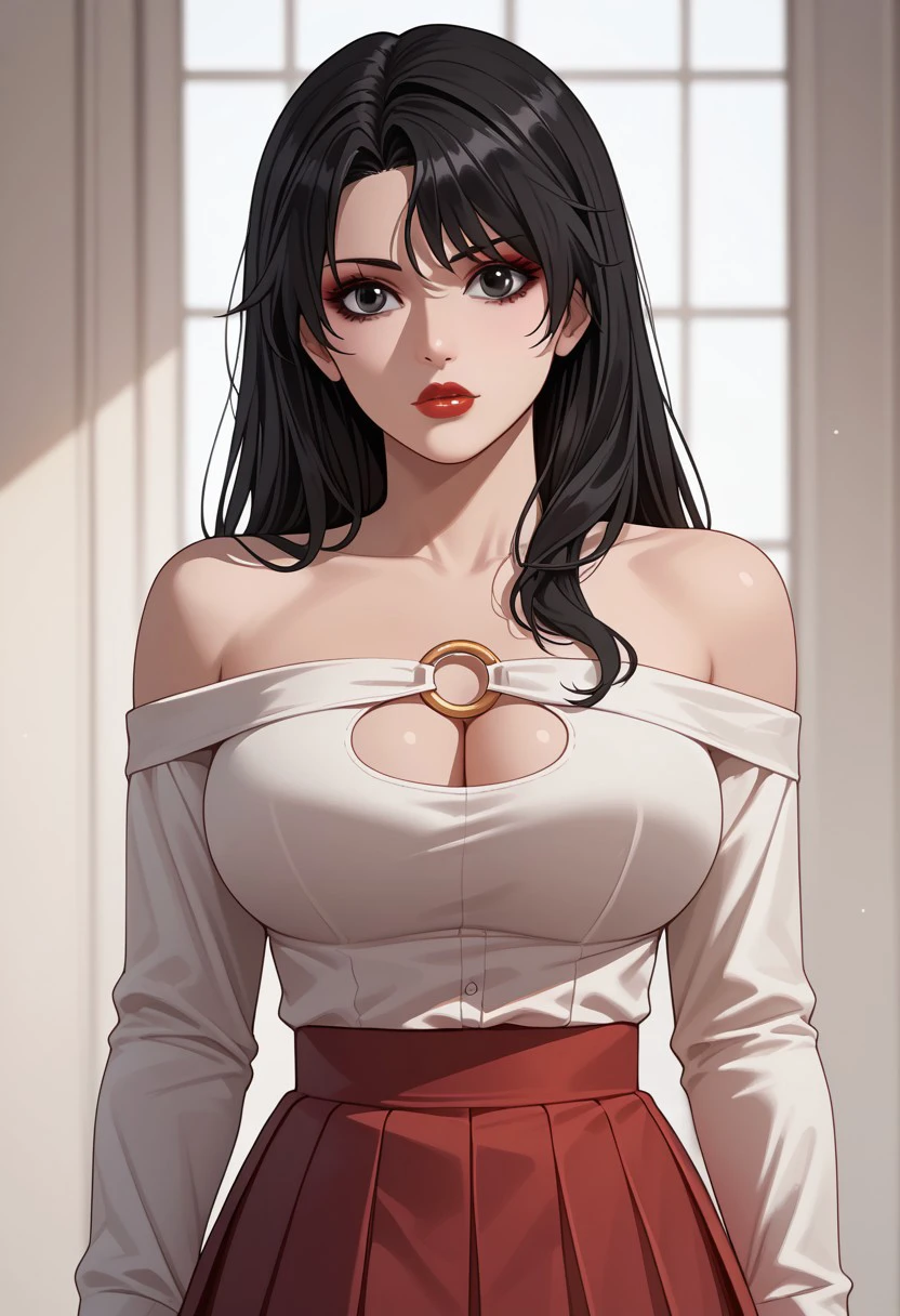 score_9, score_8_up, score_7_up, BREAK, ZhuangXiaodie, long hair, black hair, black eyes, large breasts, red lips, makeup, ZhuangCasualLight, white shirt, off-shoulder shirt, bare shoulders, long sleeves, o-ring, cleavage cutout, red skirt, pleated skirt, 1girl, solo,