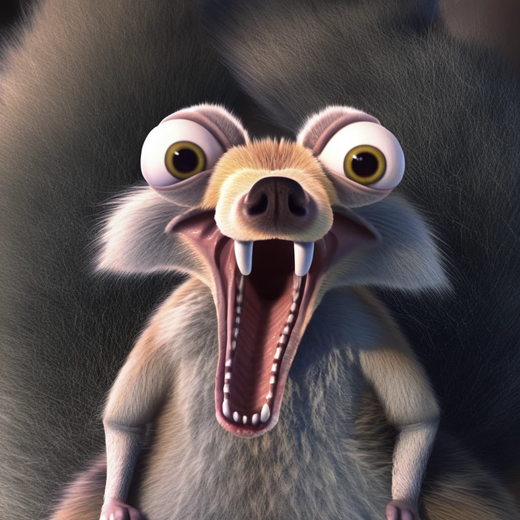 Scrat, detailed, looking at viewer, mouth open, screaming, bulging eyes, fluffy tail