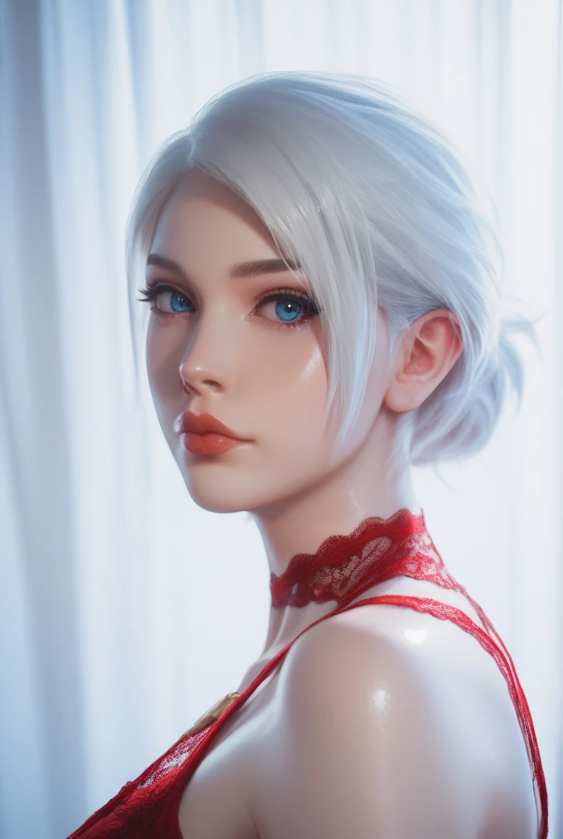 -score_9, score_8_up, score_7_up, BREAK,
portrait, looking at viewer,
-sayafox, 1girl, lips, short white hair, blue eyes, red lace,
-indoors, white curtains, contrasting lighting,
-photoshoot, simple background, glistening skin, skin detail, subsurface scattering, rich color, vibrant,
