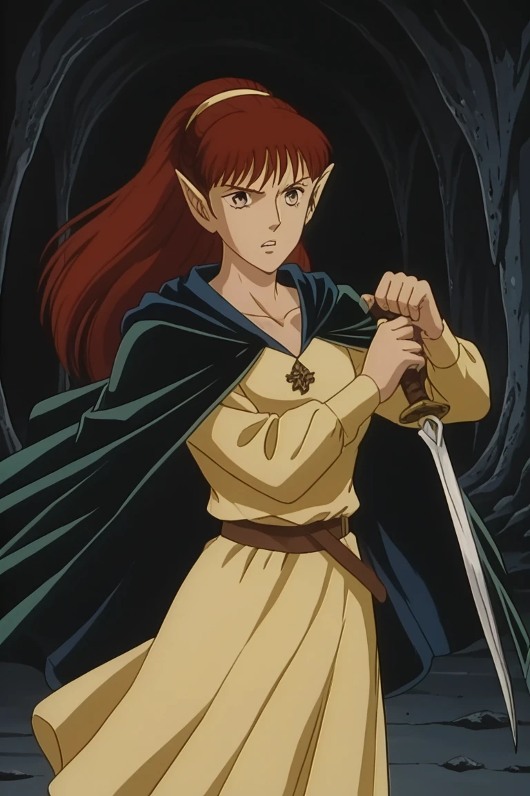 1girl, solo, sheerwiz, red hair, long hair, ponytail, pointy ears, grey eyes, yellow dress, long sleeves, collarbone, jewelry, necklace, black cape, brown belt, standing, cave interior, cavern, fighting stance, holding, weapon, knife, cowboy shot, serious, teeth, retro artstyle, 1990s (style)