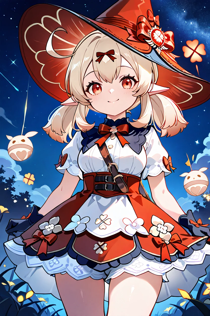 masterpiece, best quality, 32k, high resolution, absurdres, medium breasts, (curvy), cute, eyelashes, vivid colors, BREAK  ,,, zzKlee, klee (blossoming starlight) (genshin impact), hair between eyes, red eyes, ahoge, blonde hair, long hair, low twintails, pointy ears, twintails, witch hat, bow, gloves, short sleeves, black gloves, alternate costume, sidelocks, hat bow, <lora:KleeBlossomingStarlightGenshinIXL:1.0>,,,,,,  smile, looking at viewer, stars, night, luminescent background, <lora:princess_xl_v2:0.3>,