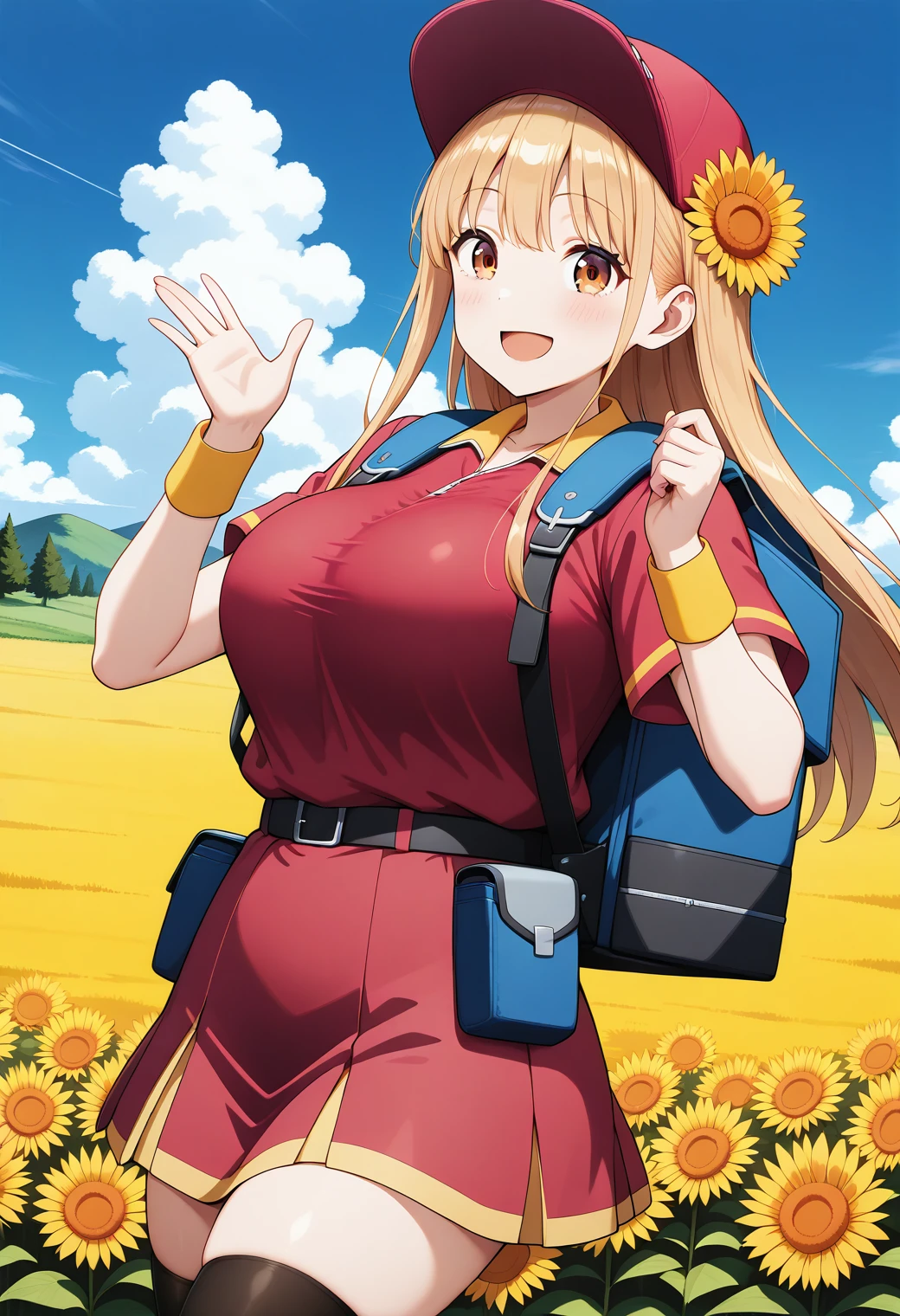 ruriko, brown eyes, blonde hair, long hair, hair flower, red baseball cap, yellow wristband, red shirt, short sleeves, red skirt, black thighhighs, zettai ryouiki, <lora:ruriko_illustrious_ver1:0.8> 
smile, large backpack, blue backpack, belt, pouch,, masterpiece, best quality, general,, 1girl, solo, (field:1.2), (blue sky:1.2), looking at viewer,, (cowboy shot, dynamic pose:1.4),