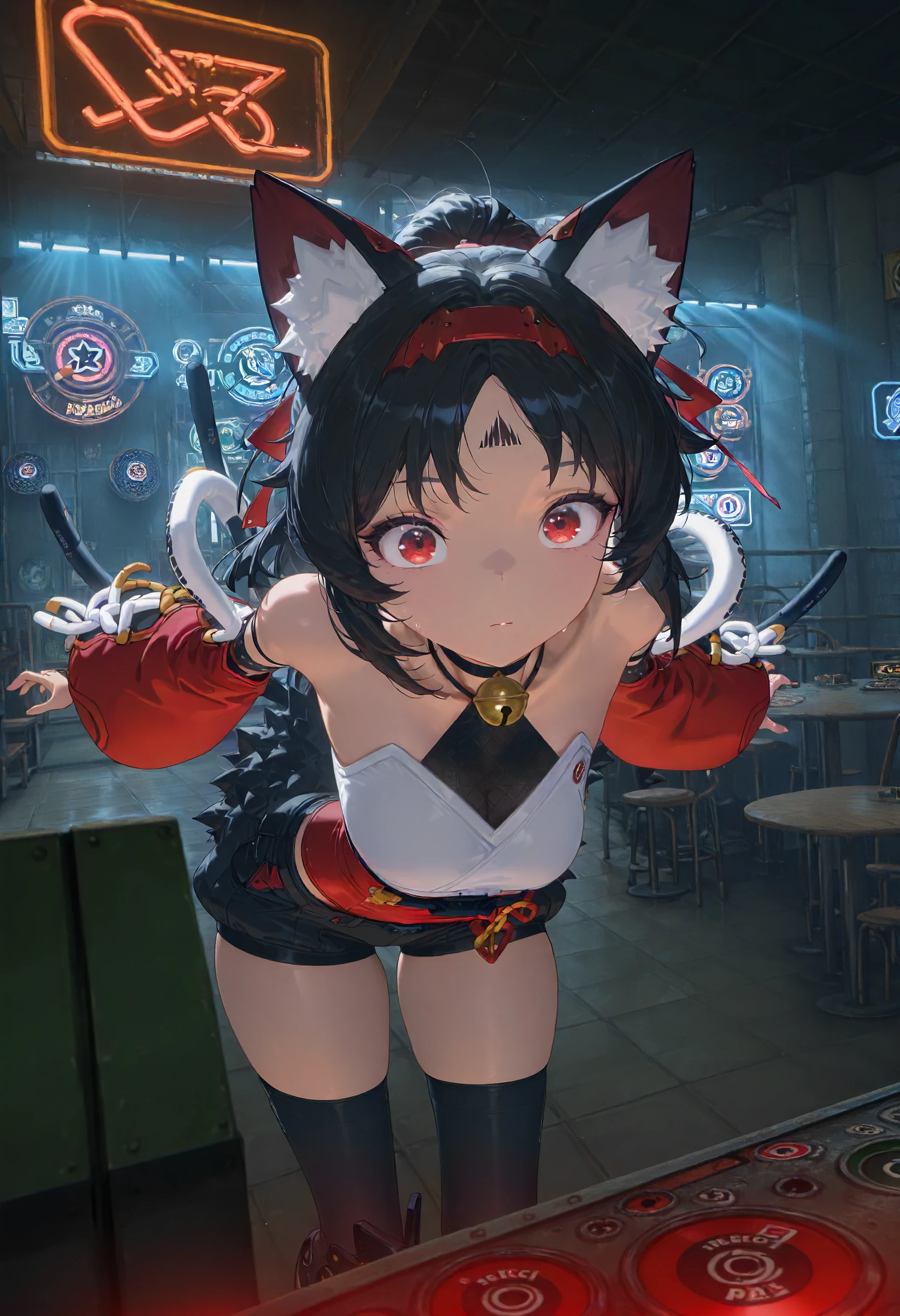 masterpiece, best quality, amazing quality, very aesthetic, absurdres, newest, scenery, volumetric lighting, perfect eyes,
1girl, solo, black hair, cat ears, ponytail, red metal hairband, black forehead tattoo, red eyes, hair ribbon, two tails, 
cat bell, choker, white top, red sash, detached sleeves, red sleeves, black shorts, thighs, black thigh highs, shin covers,
standing, looking at viewer, jumping through the air, surprised
underground bar, neon sign, stools, tables, darts target, detailed background, backlighting,
<lora:Nekomiya_Mana__Nekomata_-_Zenless_Zone_Zero_ZZZ__Illustrious:1>
masterpiece, best quality, amazing quality, very aesthetic, absurdres, newest, scenery, volumetric lighting, perfect eyes,