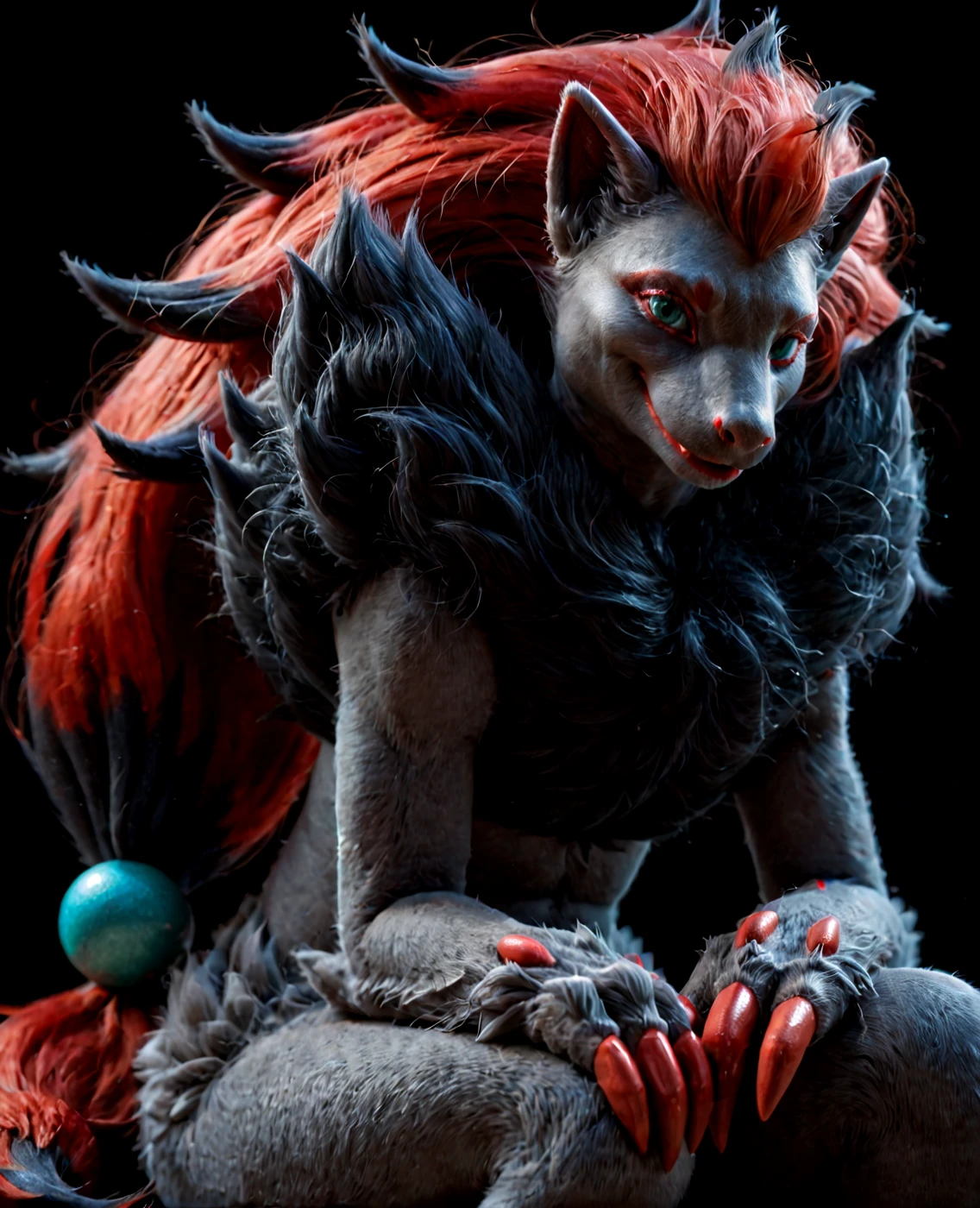 real e621, photorealistic, masterpiece, photorealistic realistic fluffy zoroark_(pokemon), dark background, simple background, sharp detailed zoroark_(pokemon) teal eyes, looking at viewer, tilting head to the side, smiling at viewer, glistening fur, detailed fluffy fur, dark, sitting, three claws,