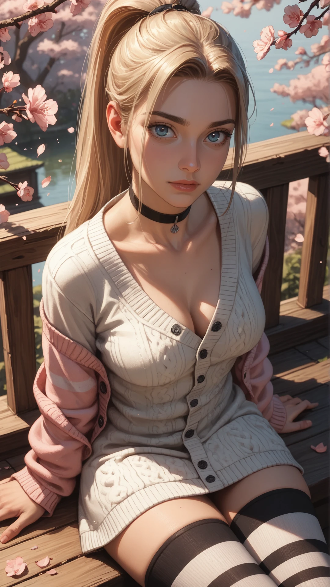 score_9, score_8_up, score_7_up, score_6_up, score_5_up, score_4_up, close up, cute, looking at viewer, woman, 22 years old, high ponytail, beauty, harmonious, face focus, a woman, blond hair, black choker, posing, comic site, emotional, eye view, detailed, intimate, clear, personal, highly contrasted, excellent composition, advanced cinematic perfect light, highly color focused, dynamic, long hair, lush breasts, wide hips, front view, simple grey background, pastel pink detailed background, dynamic angle, lush breasts, pinup posing,sporty thigh highs, black and white striped thigh highs, dynamic angle, looking at viewer, sitting, single cherry blossom tree, buds, button-through dress, cotton cardigan