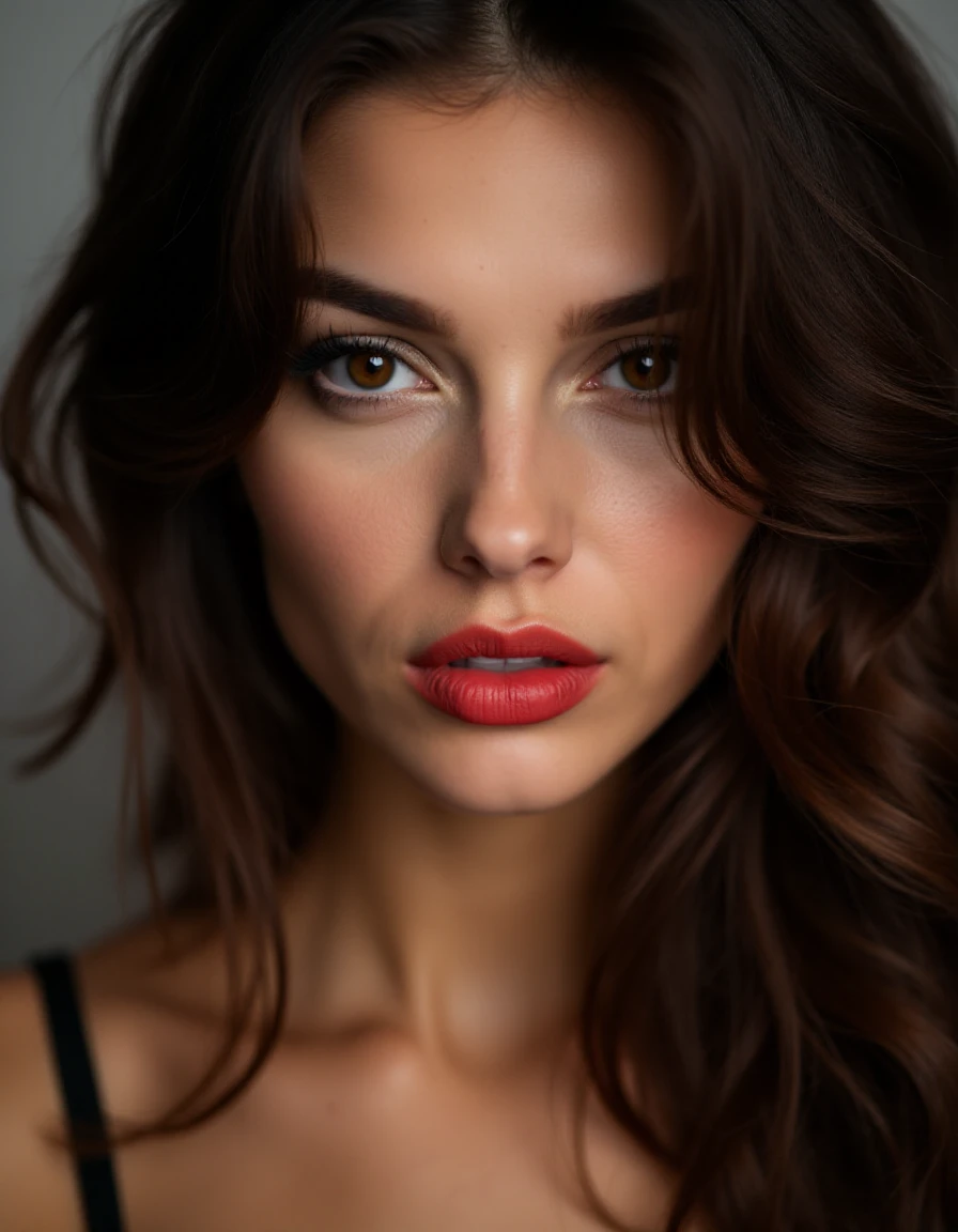 a portrait photo of a 30 year old woman with brown eyes, brown wavy long hair, a sensual look, black eyeliner, dark eye shadow, bright red lipstick, nude
(zeta),  <lora:Zeta-000003:2>